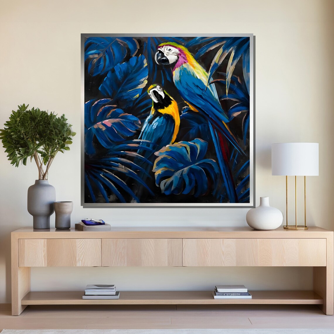 Blue and Yellow Macaw Parrots Tropical Jungle Painting Art Poster - Image 4