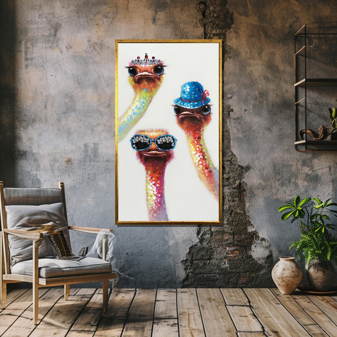 Three Funny Ostriches With Hats Colorful Whimsical Animal Poster