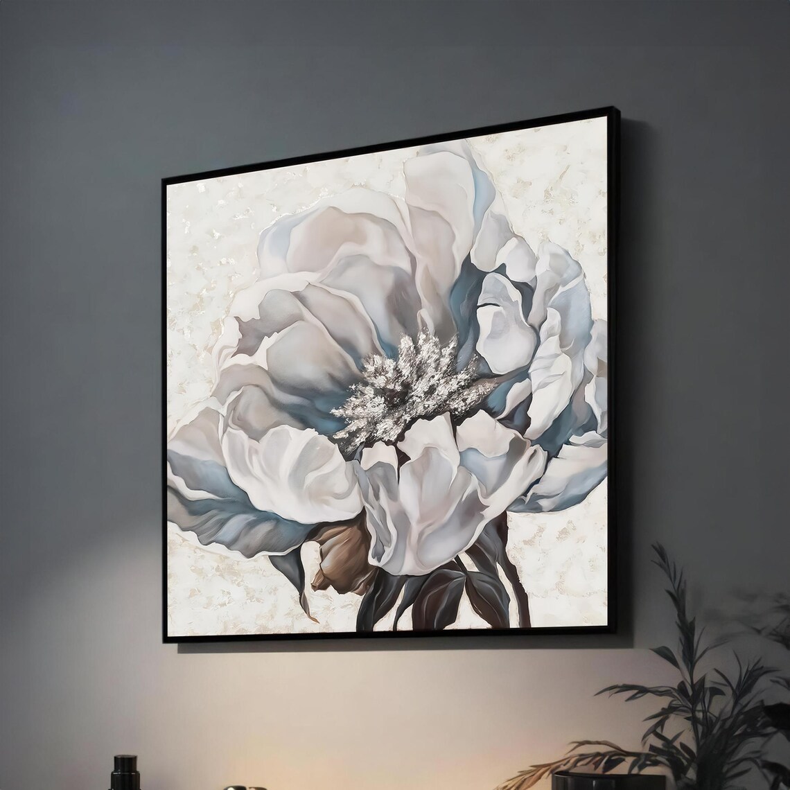 Gray and White Peony on Cream Textured Background Floral Art Poster