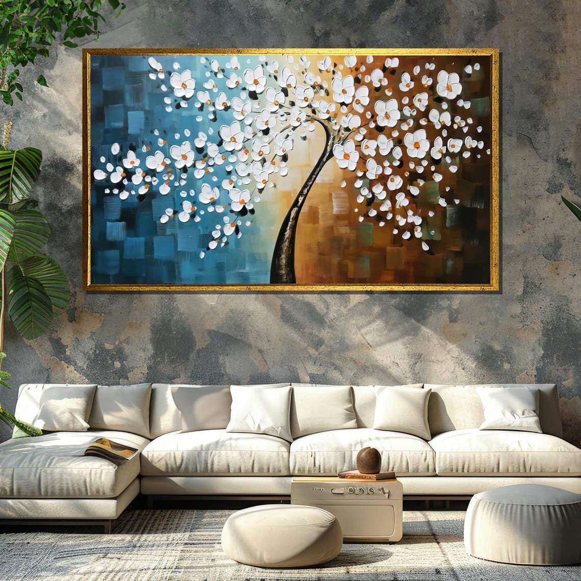 White Blossom Tree On Blue To Amber Gradient Background Poster - Image 6