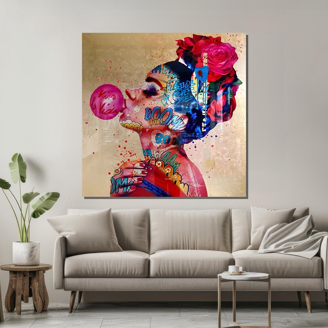 Woman Blowing Pink Bubblegum Bubble With Graffiti Tattoo Street Poster - Image 2