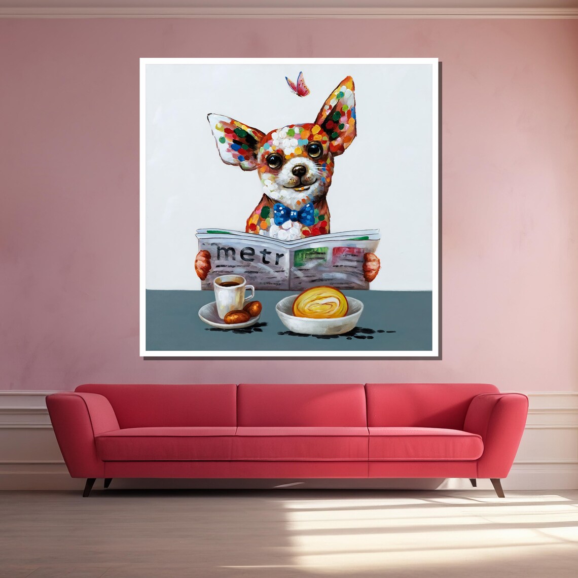 Chihuahua Reading Morning Newspaper Funny Polka Dot Dog Art Poster - Image 3