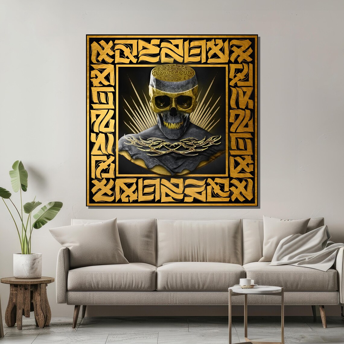 Golden Skull With Gold Calligraphy Border Bold Gothic Style Art Poster - Image 2