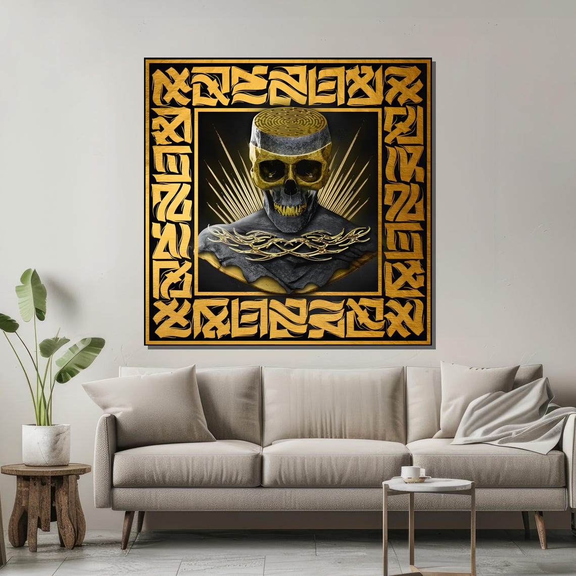 Golden Skull With Intricate Calligraphy Bold Gothic Art For Unique Home Decor - Image 2