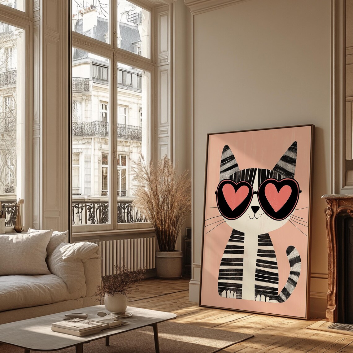 Cute Striped Cat With Heart Sunglasses Kids Room Nursery Poster