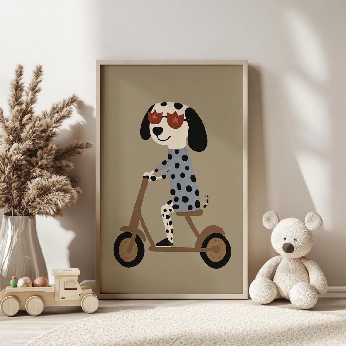 Dalmatian On Scooter With Star Sunglasses Neutral Nursery Poster