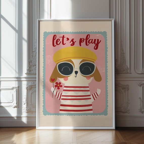 Lets Play Puppy In Beret And Sunglasses Kids Room Nursery Poster