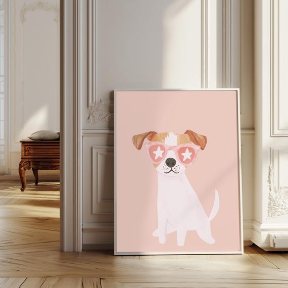 Cool Dog Nursery Print Puppy With Star Glasses Wall Art Cute Animal Poster For Kids Room Illustration Instant