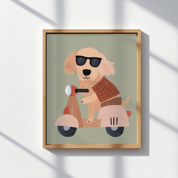 Cool Dog On Scooter Wall Art Retro Puppy With Sunglasses Print For Kids Room Playroom Nursery Or Petthemed Decor