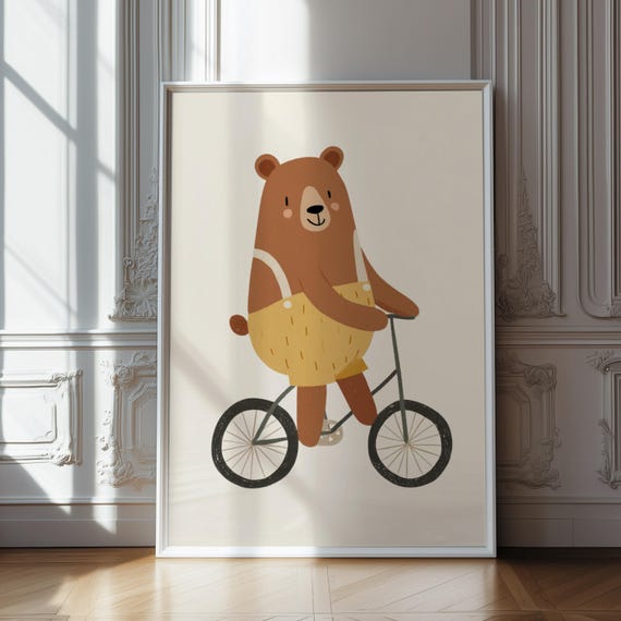 Bear On Bicycle Nursery Wall Art Cute Animal For Kids Room Playroom Or Baby Shower Gift Instant