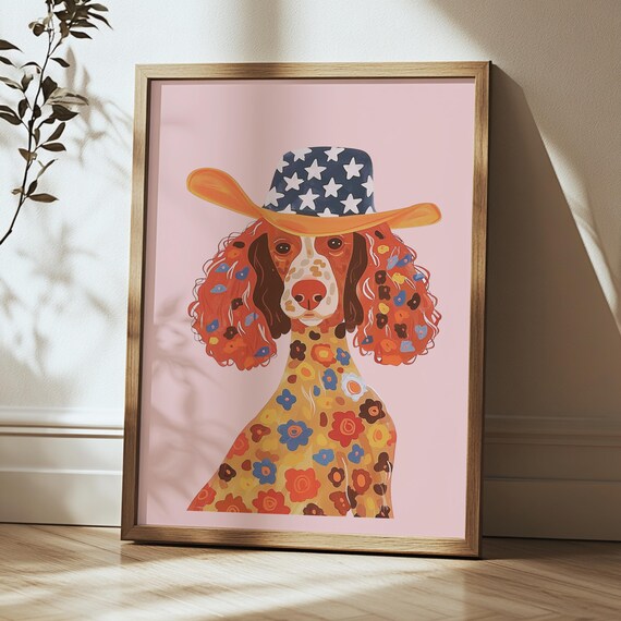 Cowgirl Spaniel Dog Star Hat Floral Portrait Kids Room Poster