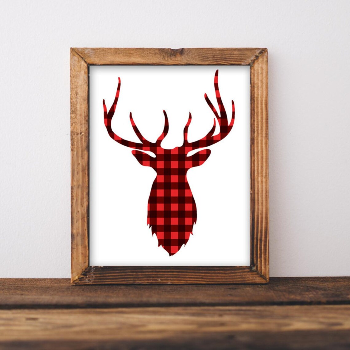 Christmas Deer Print, Rustic Red Plaid Holiday