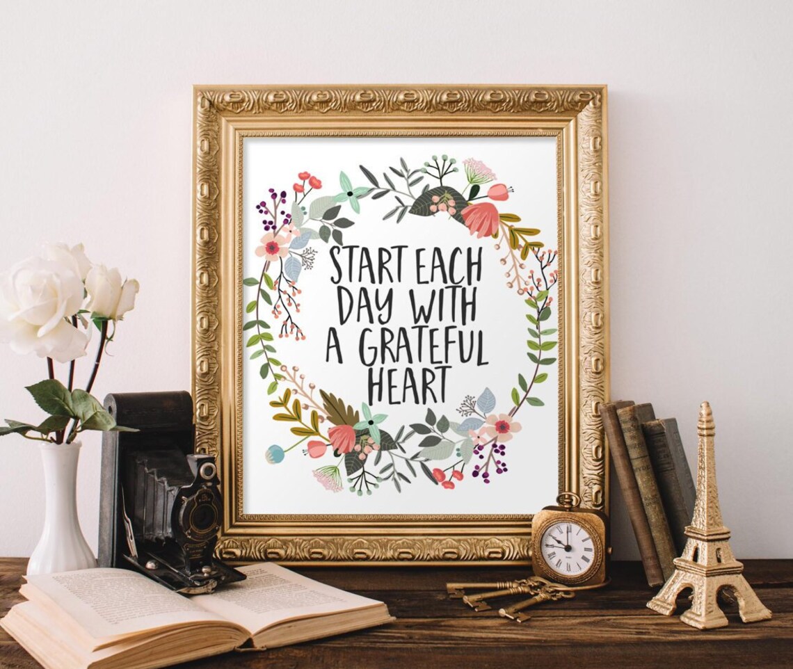 Grateful Heart Floral Typography Art Print