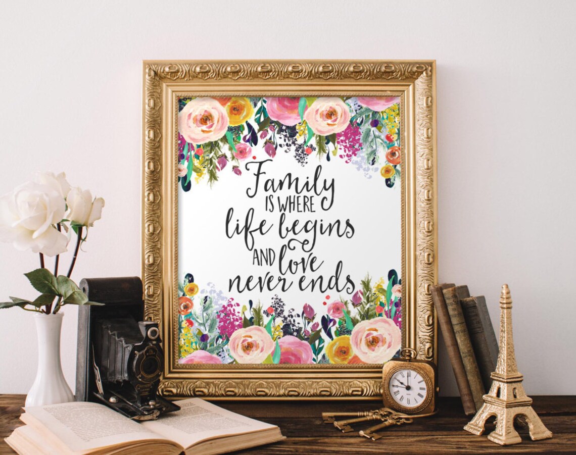 Family Is Where Life Begins Quote Floral Art Print