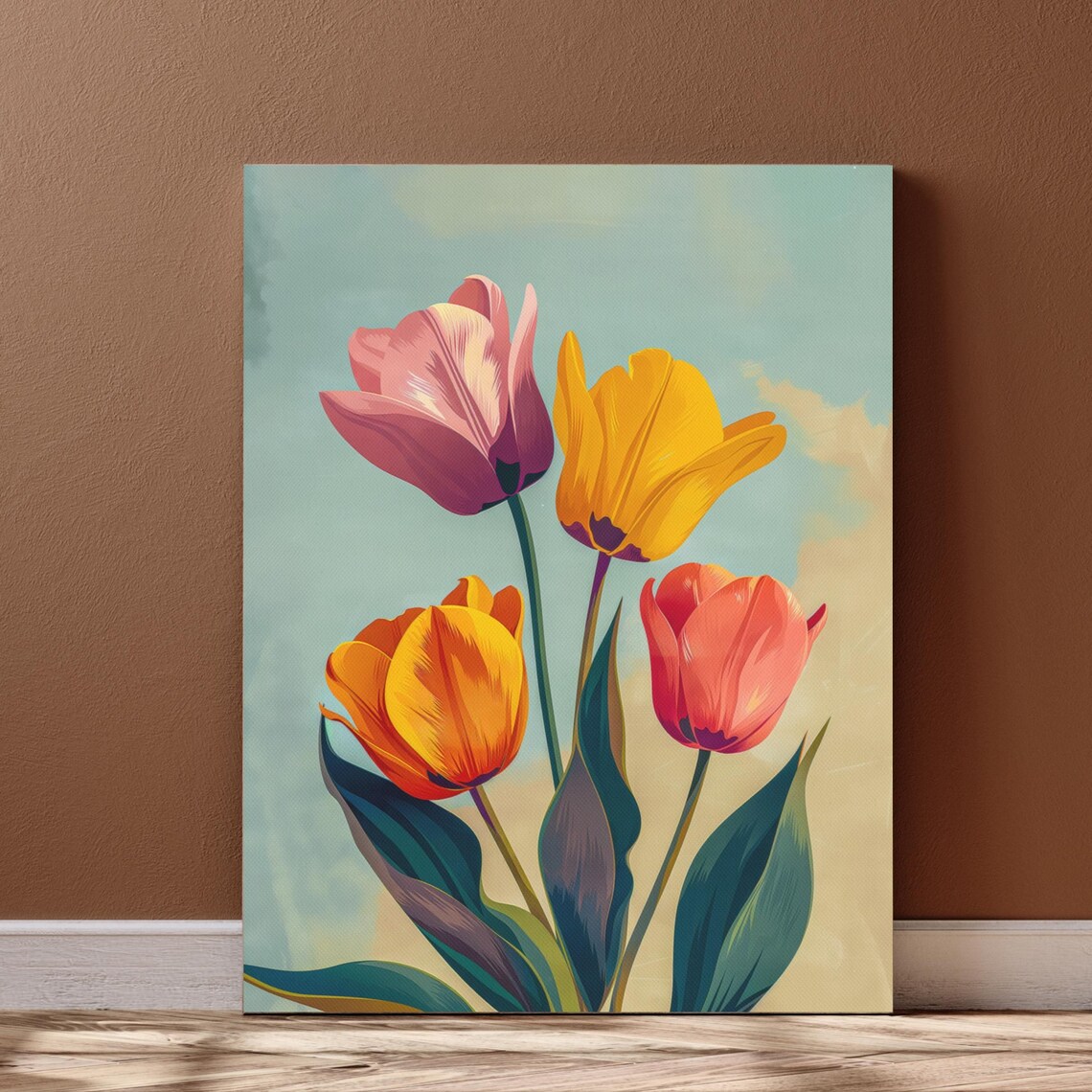 Pink Yellow Tulips Vintage Botanical Spring Floral Wall Art Poster