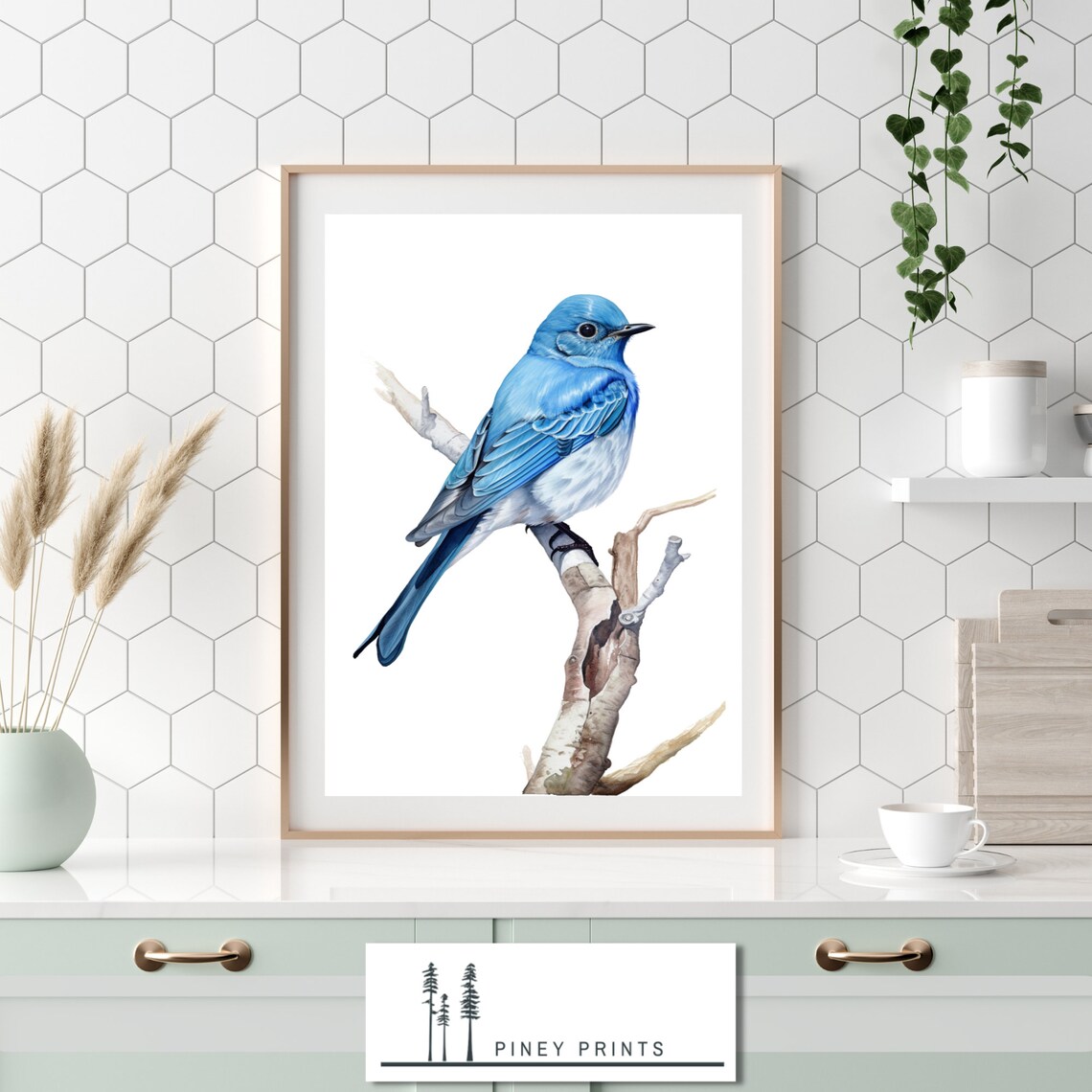 Mountain Bluebird Watercolor Perched Branch Spring Bird Art Poster - Image 3