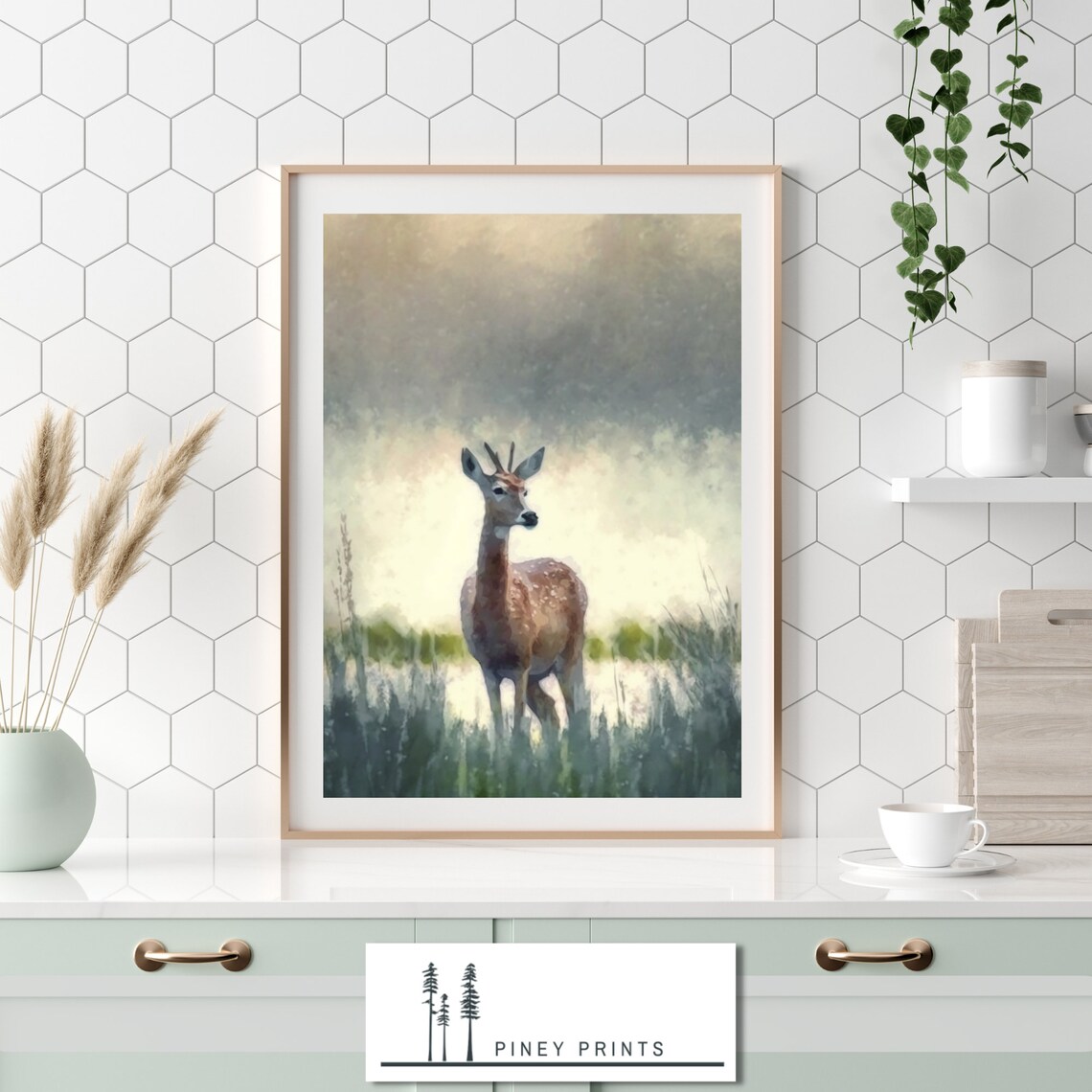 Misty Morning Doe Standing In Tall Grass Soft Watercolor Poster - Image 3
