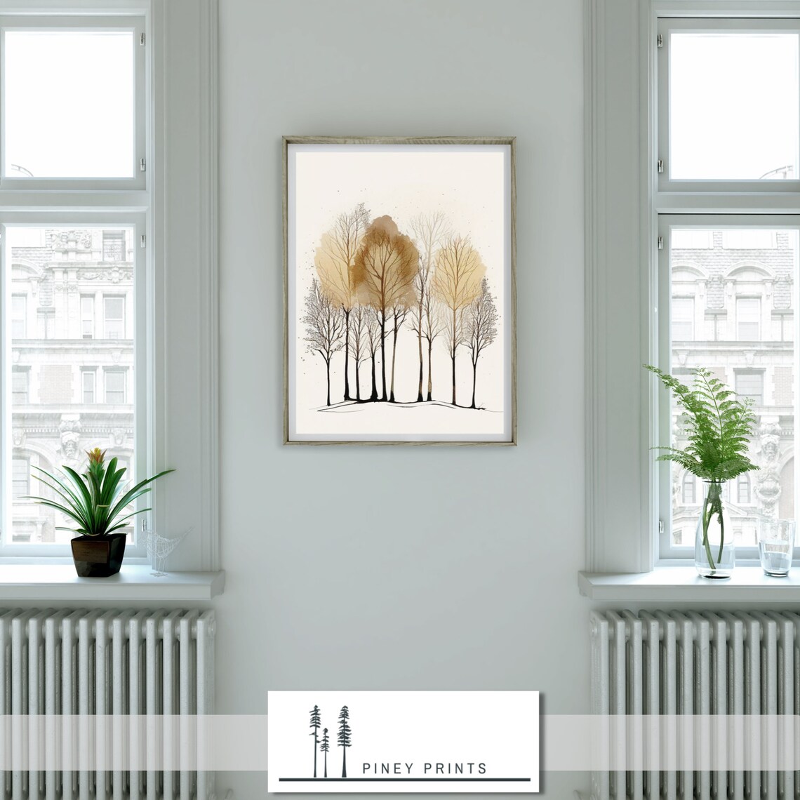 Minimalist Tree Grove Ink Sketch Gold Wash Modern Nature Wall Poster