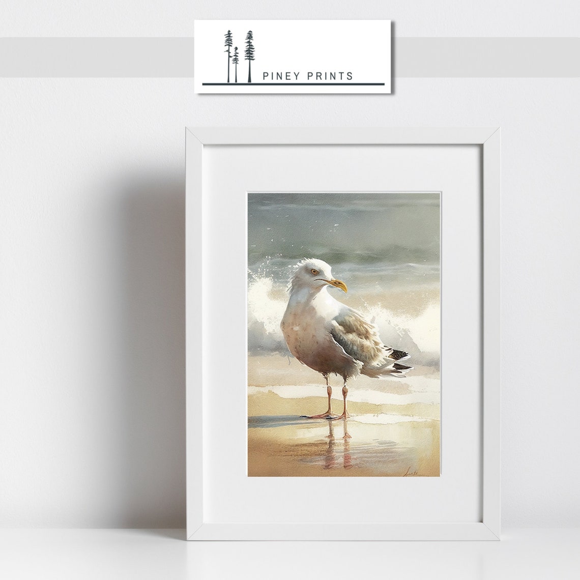 Seagull Standing Beach Watercolor Coastal Surf Bird Art Wall Poster