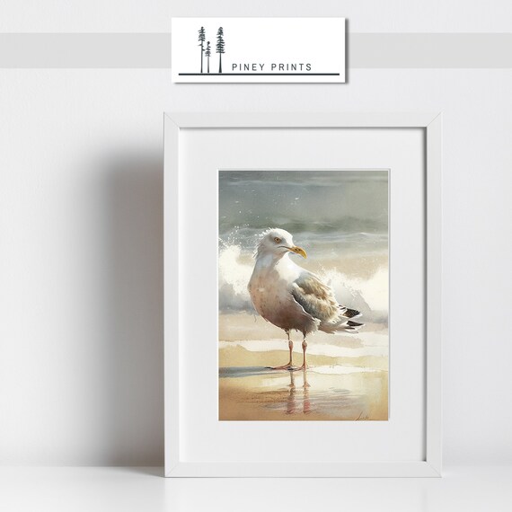 Seagull Standing Beach Watercolor Coastal Surf Bird Art Wall Poster