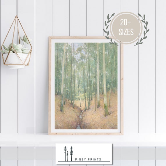 Peaceful Woods Vintage Painted Nature Landscape Neutral Art 20th Century Oil Artwork Woodland Forest Trees Scene