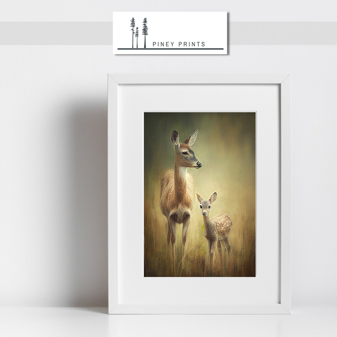 Doe with Fawn in Golden Field Tender Woodland Wildlife Painting Poster - Image 2