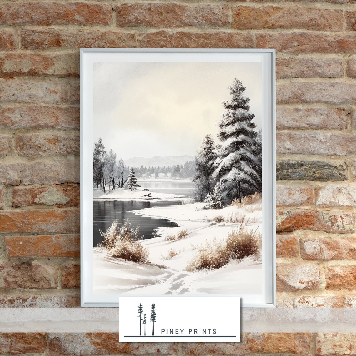 Snowy River Bank Winter Pine Landscape Frozen Water Scene Poster - Image 2