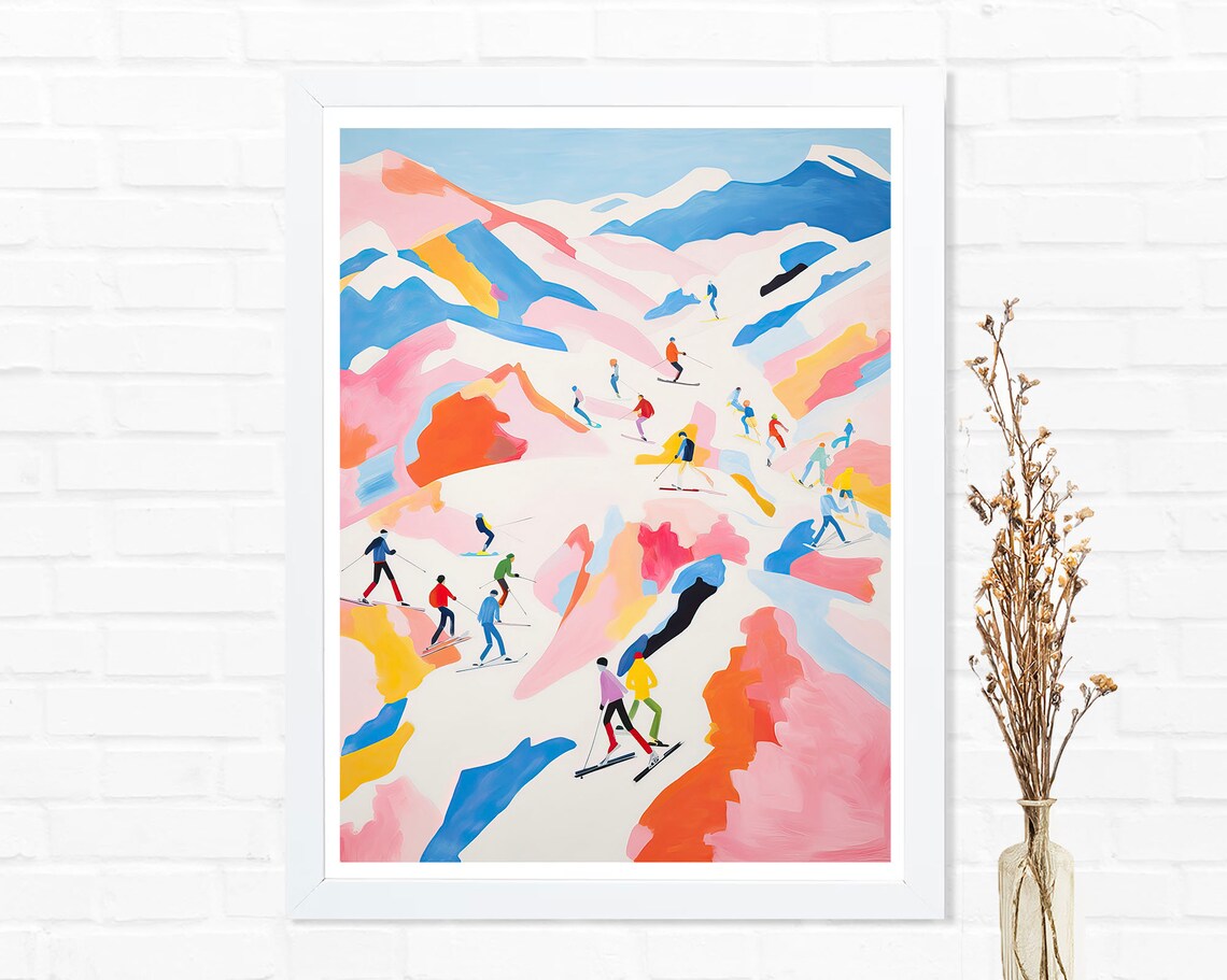Matisse Style Skiers Colorful Winter Mountain Ski Slope Art Poster
