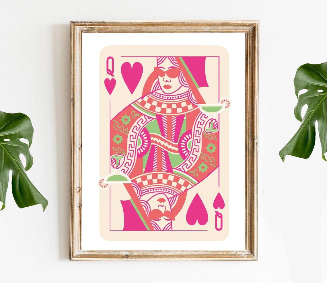 Queen of Hearts Playing Card Pink Cocktail Preppy Bar Cart Poster