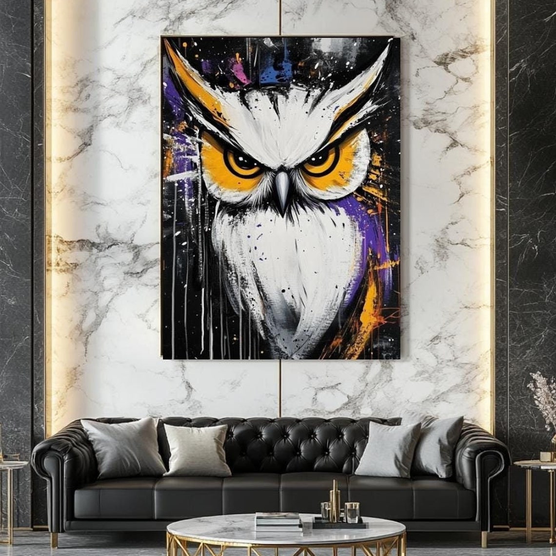 Bold Abstract Owl Face Art Purple Gold Eyes Night Wildlife Poster