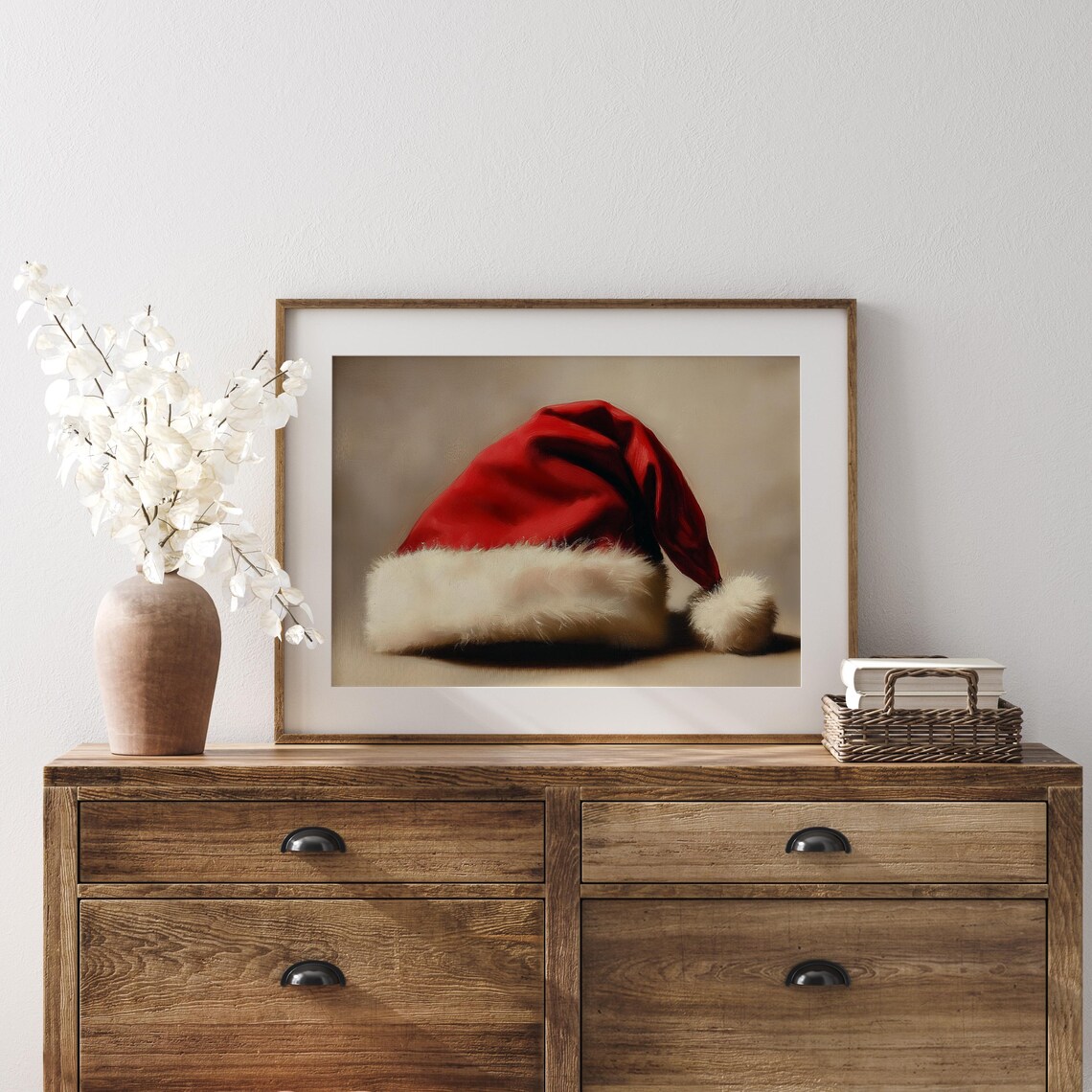 Santa Claus Hat Vintage Christmas Frame Art Moody Painting Farmhouse Painting Christmas Hat Paint Holiday Decor Xmas Wall Art - Image 2