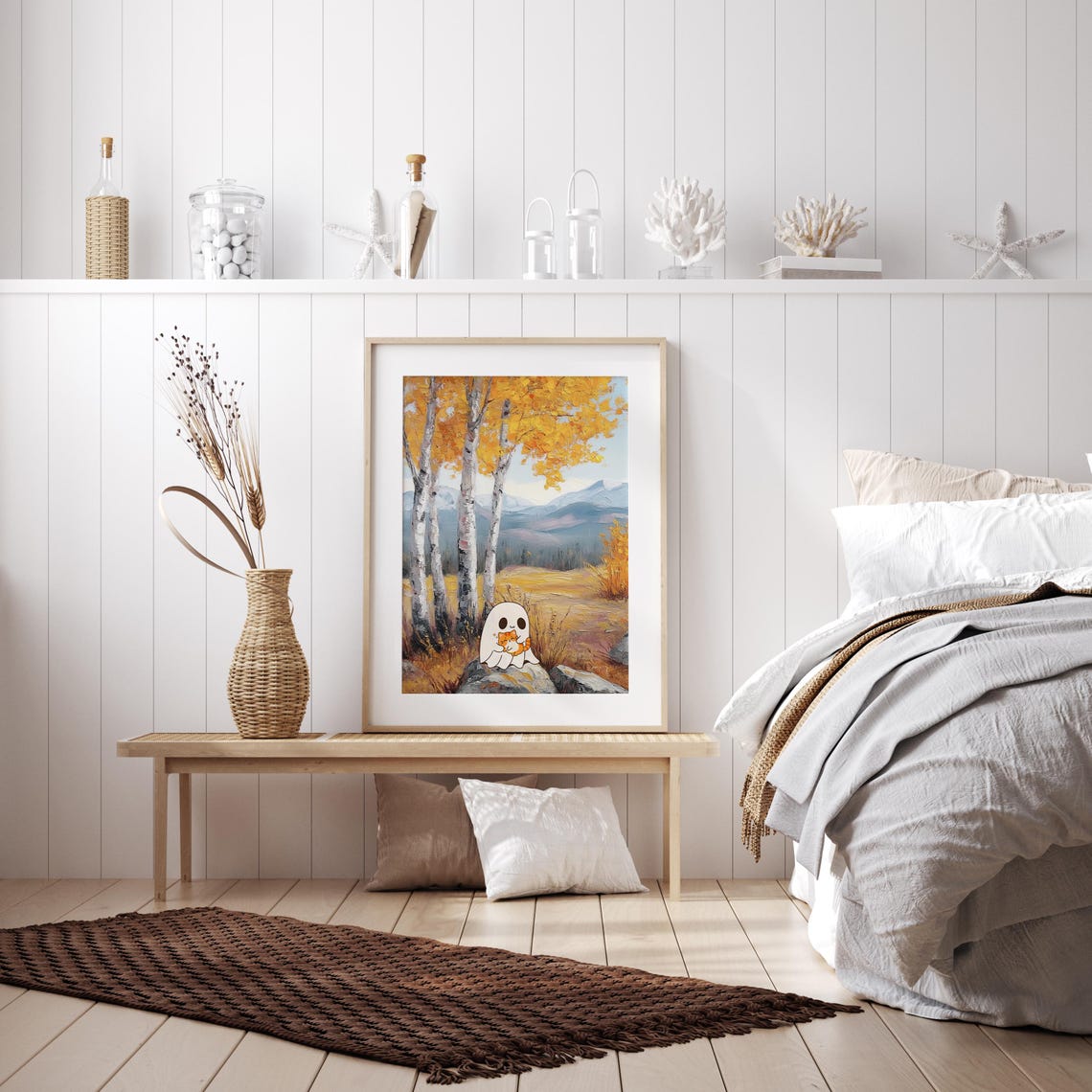 Cute Ghost Hugging an Orange Cat in Autumn Birch Forest Poster - Image 2
