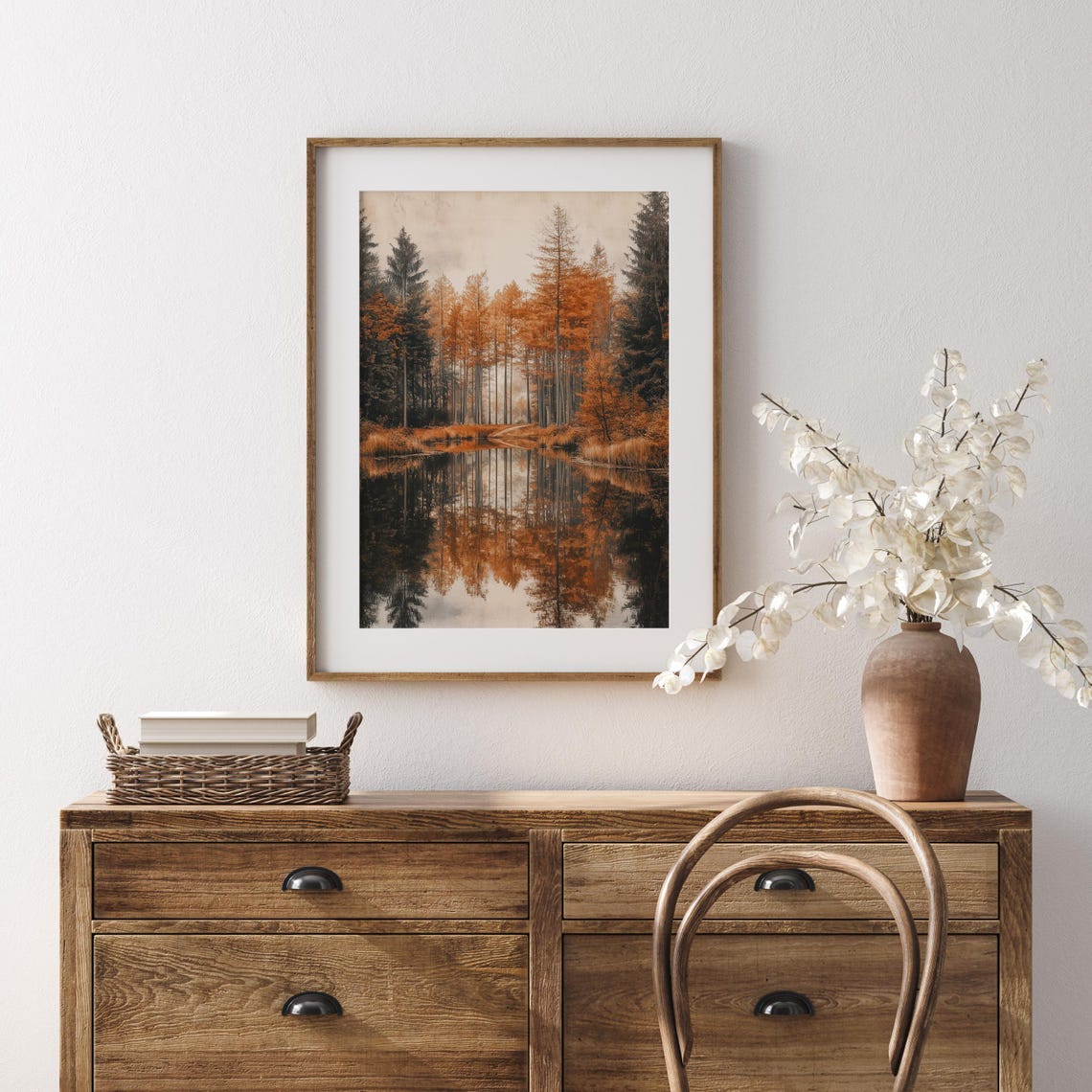 Orange Autumn Forest Reflected In A Still Woodland Pond Poster - Image 4
