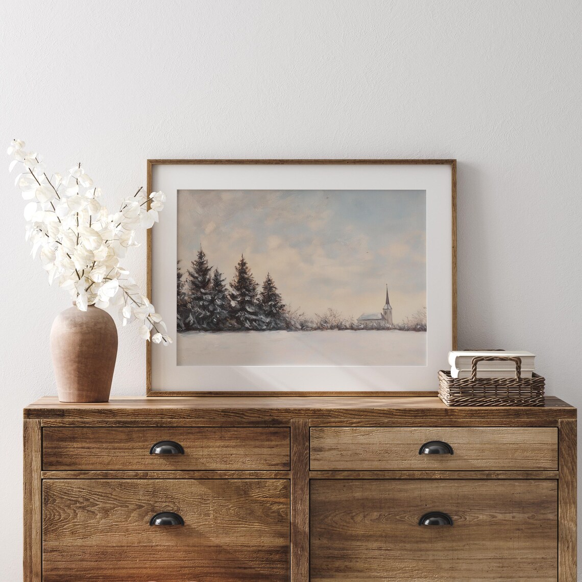 Snowy Field Evergreens with Distant Church Soft Winter Poster - Image 2