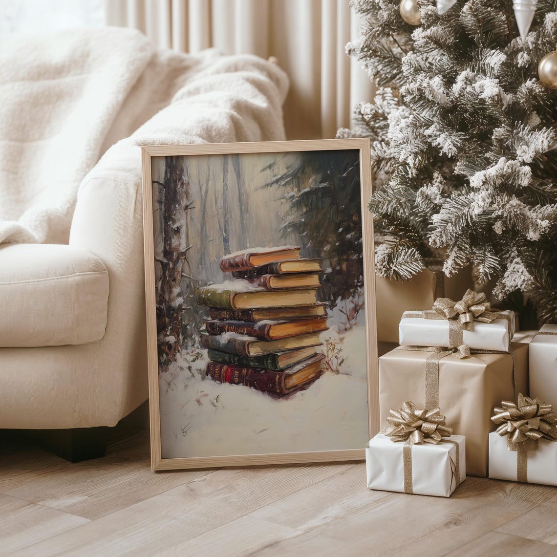 Stack Of Antique Books Dusty With Snow In A Winter Forest Poster - Image 2