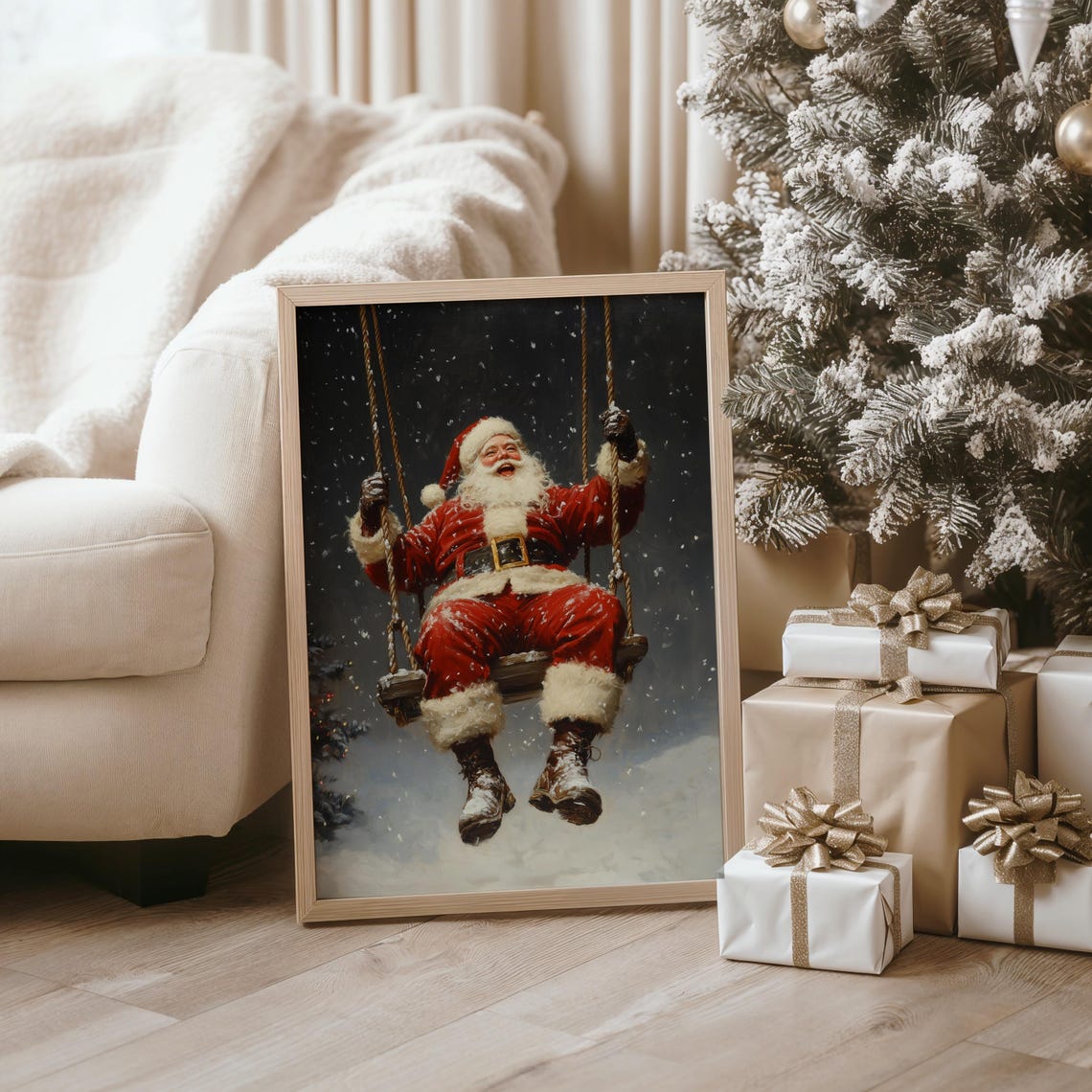 Laughing Santa Claus Swinging Snowfall Vintage Christmas Poster - Image 3