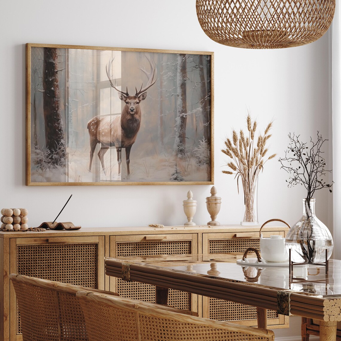 Majestic Stag with Antlers in Misty Snowy Forest Painting Poster - Image 2