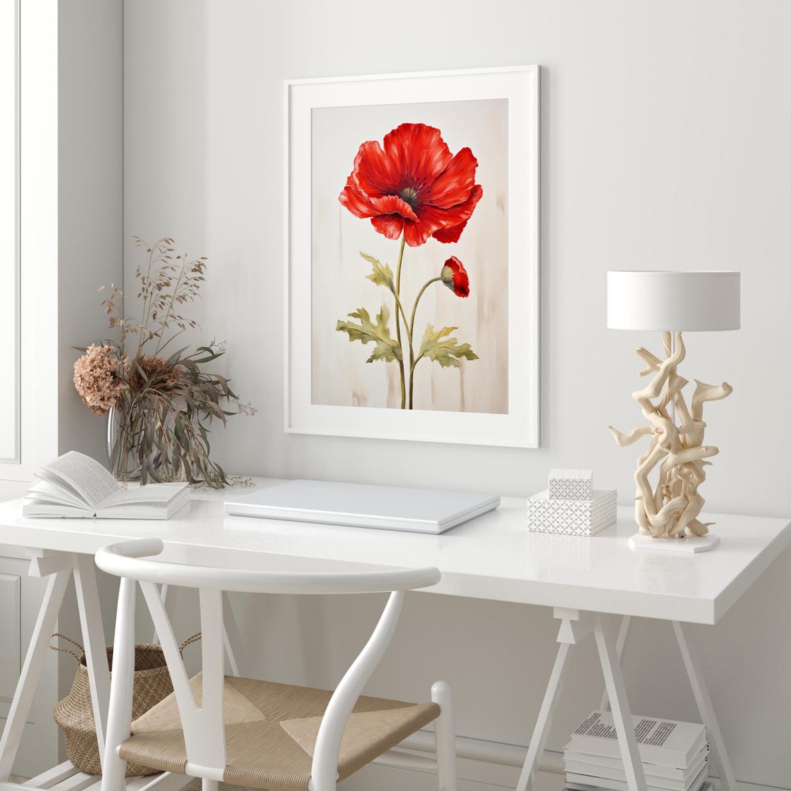 Red Poppy Bloom Botanical Oil Painting on Cream Background Poster - Image 3