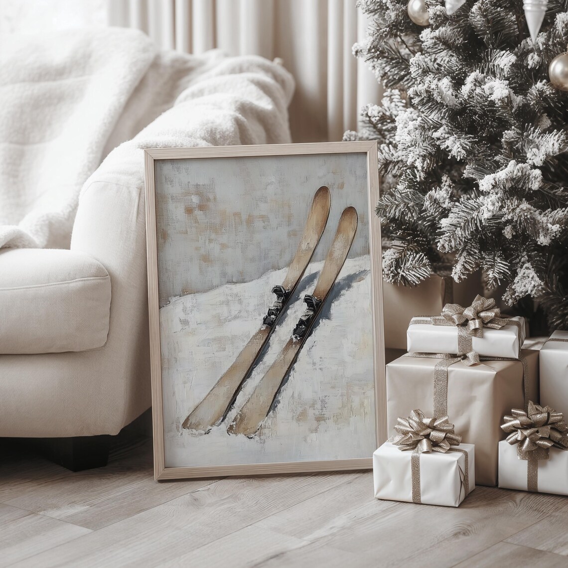 Vintage Wooden Skis With Bindings Resting In Fresh Snow Poster - Image 2