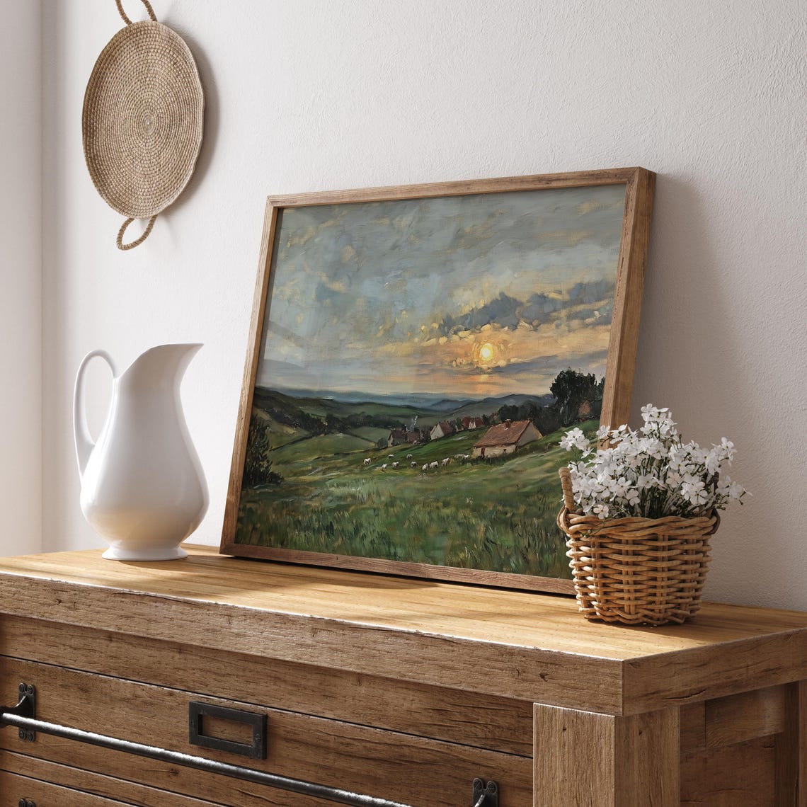 Rolling Hills at Sunset Sheep Cottages Countryside Art Poster - Image 4