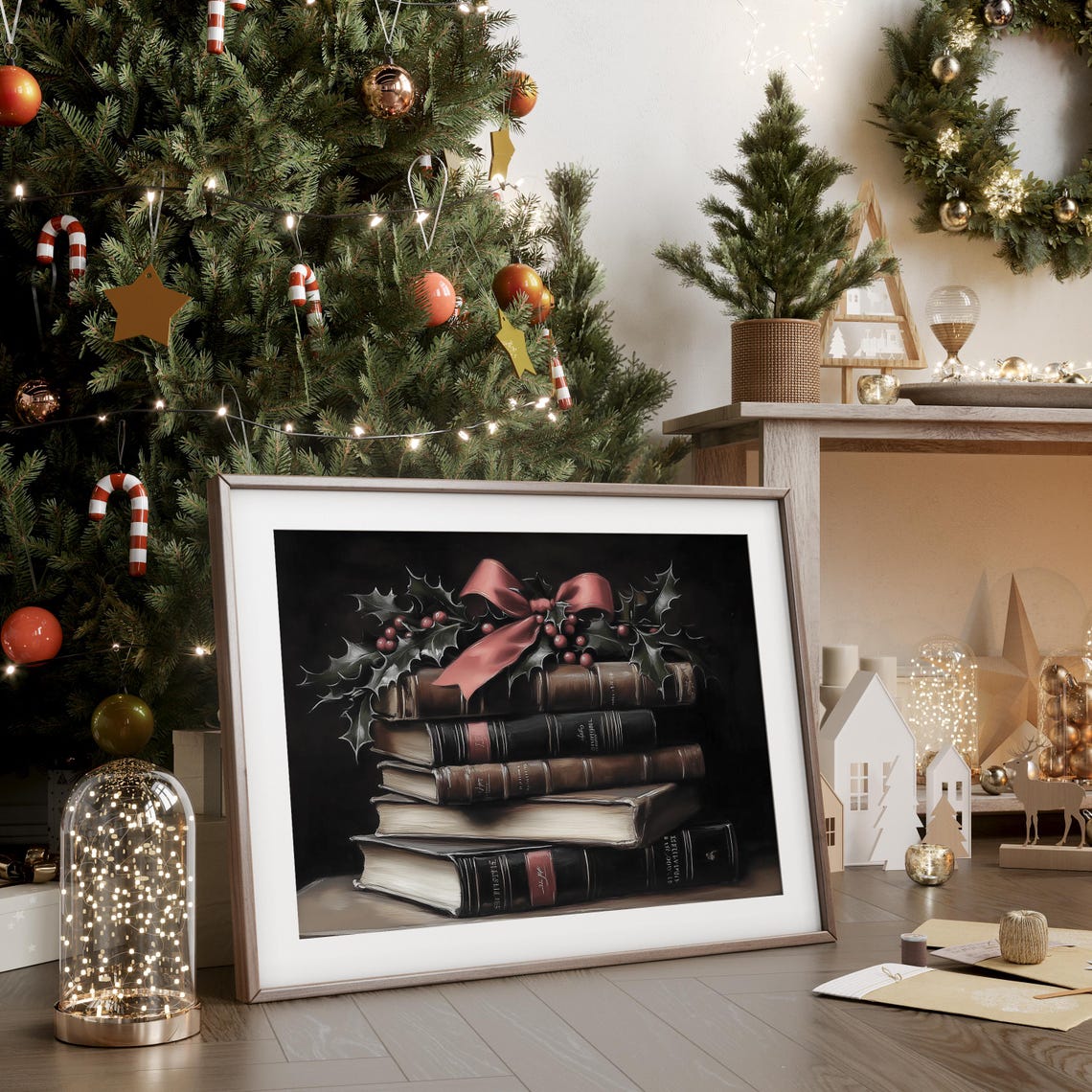 Stack Of Vintage Books With Holly Berries And Bow Christmas Poster - Image 4