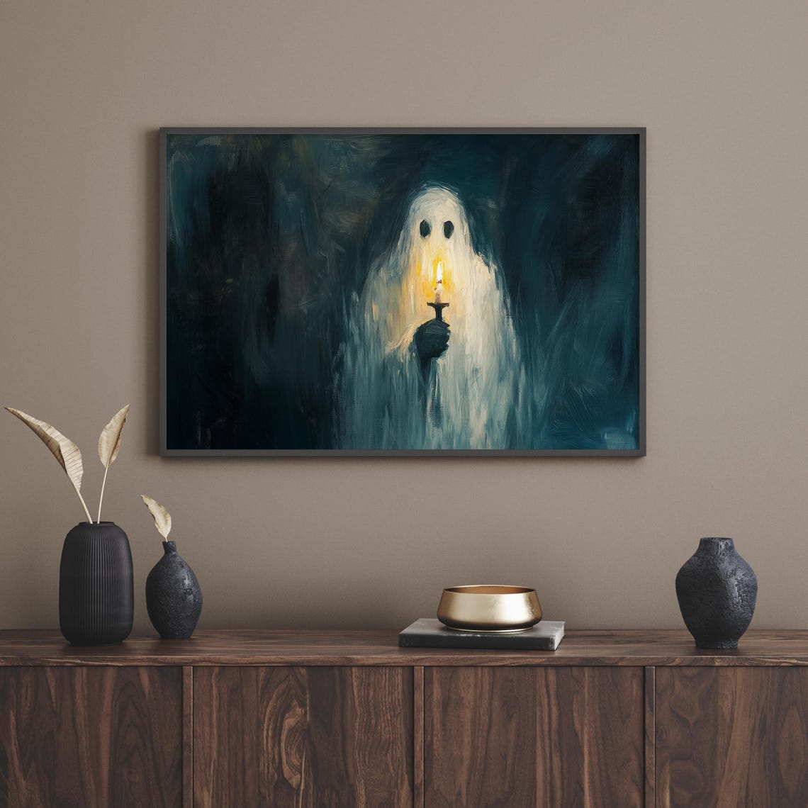 Cute Ghost Holding A Candle In A Dark Painterly Night Poster - Image 4