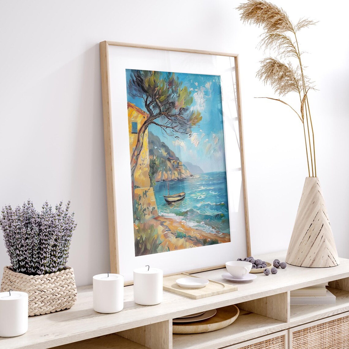 Mediterranean Cove with Yellow Villa and Boat Coastal Art Poster - Image 4