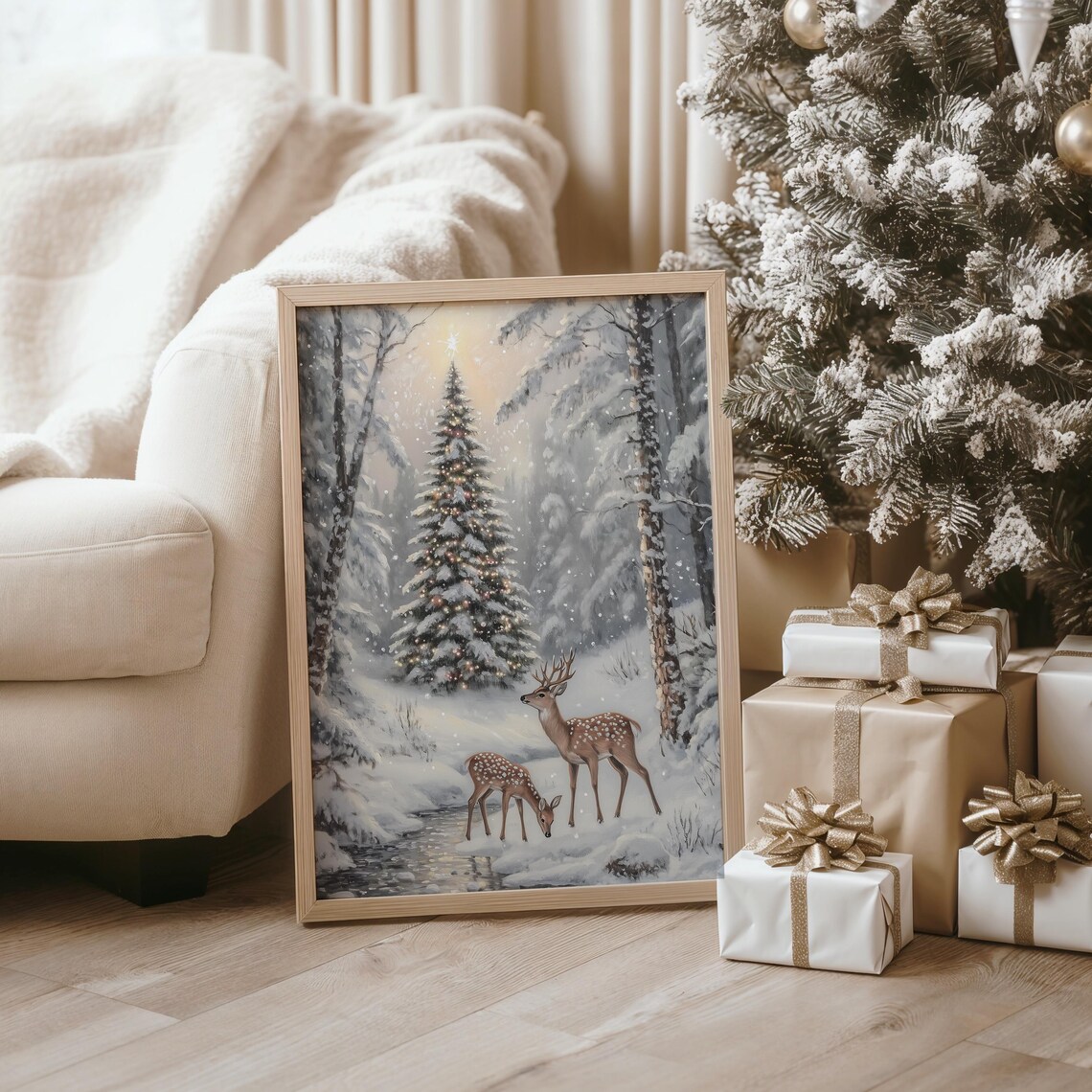 Christmas Tree Oil Painting Winter Landscape Wall Art Farmhouse Oil Painting Christmas Tree Artwork Holiday Decor Xmas Wall Art - Image 3