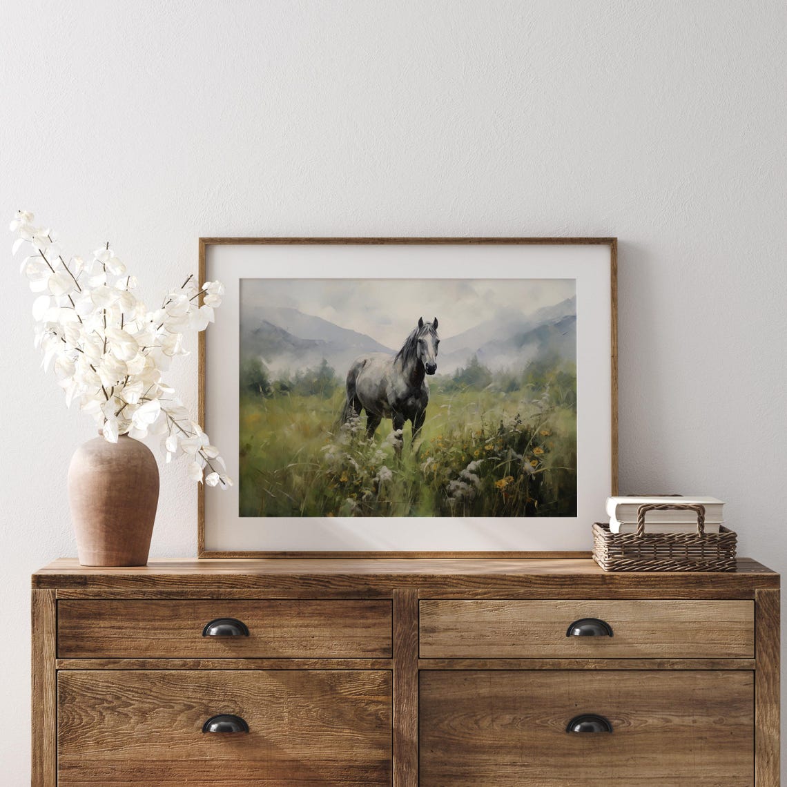 Gray Horse Standing in Wildflower Meadow Misty Mountains Poster - Image 4