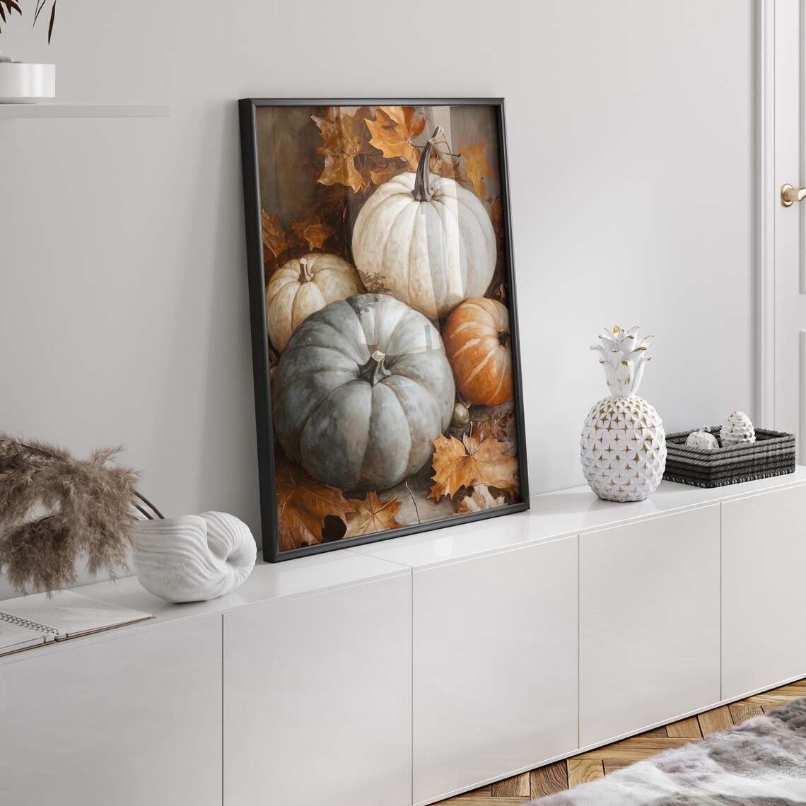 Harvest Pumpkin Still Life with Autumn Leaves in Warm Tones Poster - Image 2