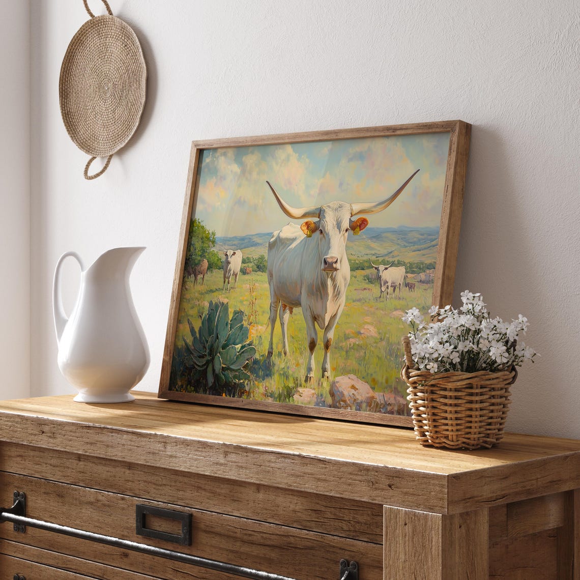 White Texas Longhorn Cattle Rustic Western Ranch Meadow Art Poster - Image 3
