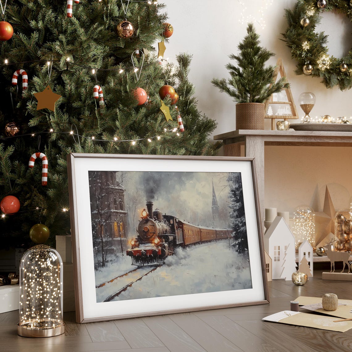 Vintage Steam Train Arriving at a Snowy Town at Dusk Poster Art - Image 4