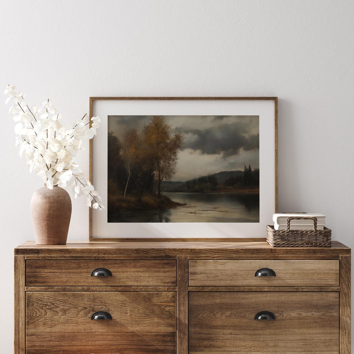 Moody Autumn Lake Landscape Birch Trees Under Dark Clouds Poster - Image 3