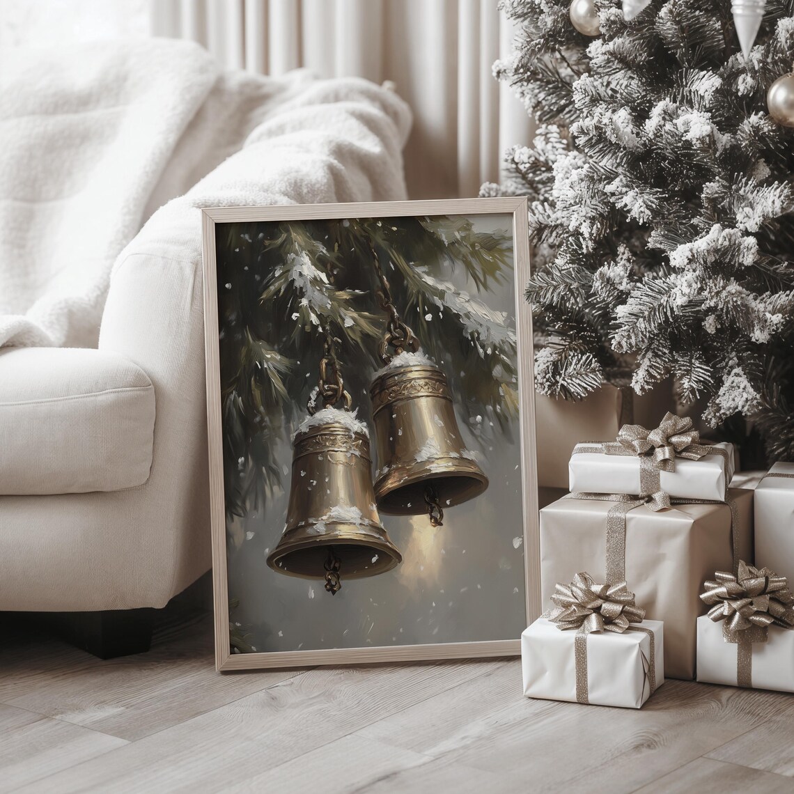 Snowy Brass Bells Moody Christmas Winter Farmhouse Art Poster - Image 3